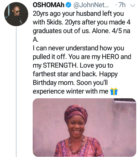 '20 years ago your husband left you with 5 kids, 20 years after you made 4 graduates out of us'- Nigerian man celebrates mother