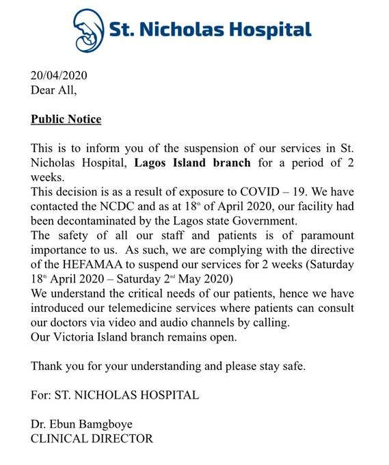 St. Nicholas Hospital in Lagos suspends services for two weeks over exposure to Coronavirus