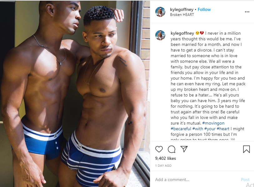 Gay model, Kyle ends his one-month-old marriage after his partner allegedly cheated on him