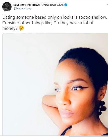Dating someone based only on looks is so shallow - Singer, Seyi Shay. Dating someone based only on looks is so shallow - Singer, Seyi Shay.