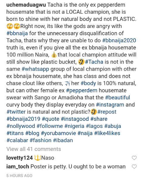 'Tacha is the only former housemate that is not a LOCAL champion, she is born to shine' - Uche Maduagwu