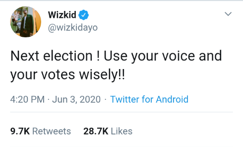 'Next election! Use your voice and your votes wisely!' - Wizkid advises Nigerians