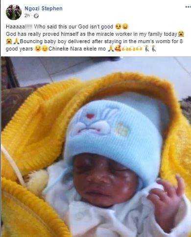 After an 8-year pregnancy, lady gives birth to a baby boy in Aba, Abia State.