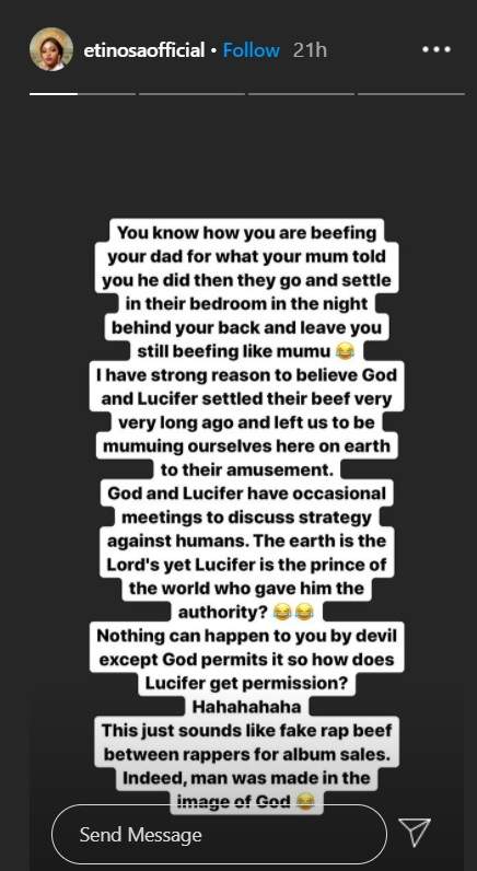 I have strong reasons to believe God and Satan settled their beef a long time ago and left us continue fooling ourselves - Actress Etinosa
