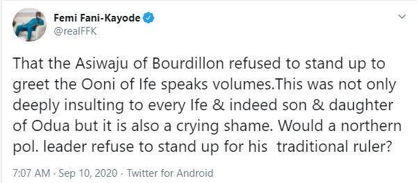 Femi Fani-Kayode slams Tinubu for refusing to stand up to greet the Ooni of Ife