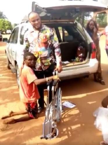 Nollywood Actor, Jnr Pope Gifts A Physically Challenged Man By A New Wheelchair (Video)