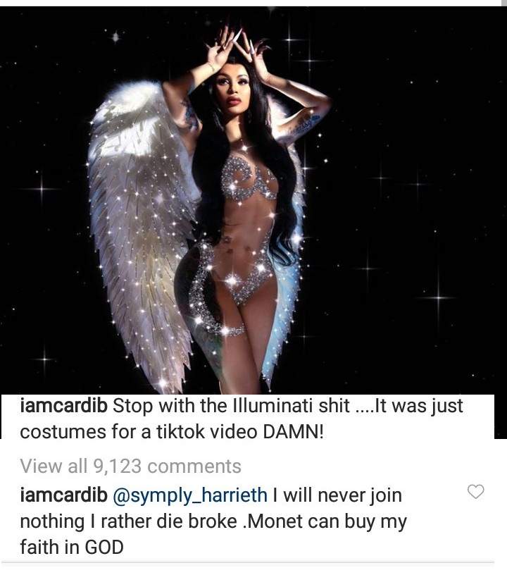 'I'll rather die broke than join illuminati' - Cardi B writes after her new photo sparked rumors she has joined illuminati