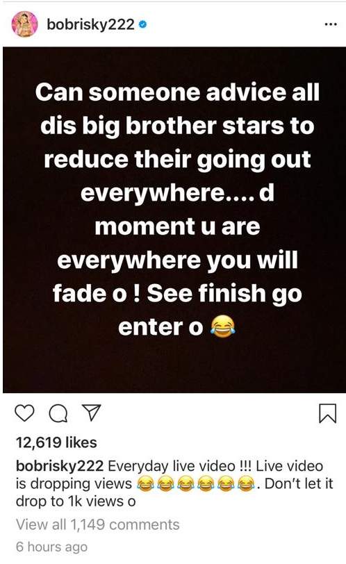 'Limit your going out so you don't fade out' - Bobrisky to #BBNaija alumni