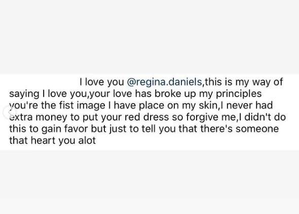 Reactions as staunch fan tattoos Regina Daniels photo on her body