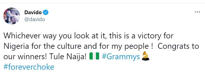 #Grammys: 'This is a victory for Nigeria' - Davido