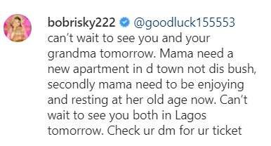 Bobrisky promises to get a new apartment for an elderly woman who declared love for him.