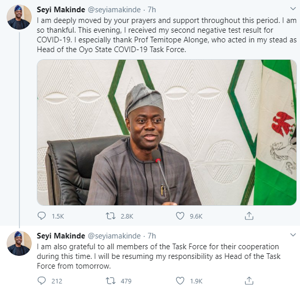 Oyo State Governor, Seyi Makinde recovers from Coronavirus