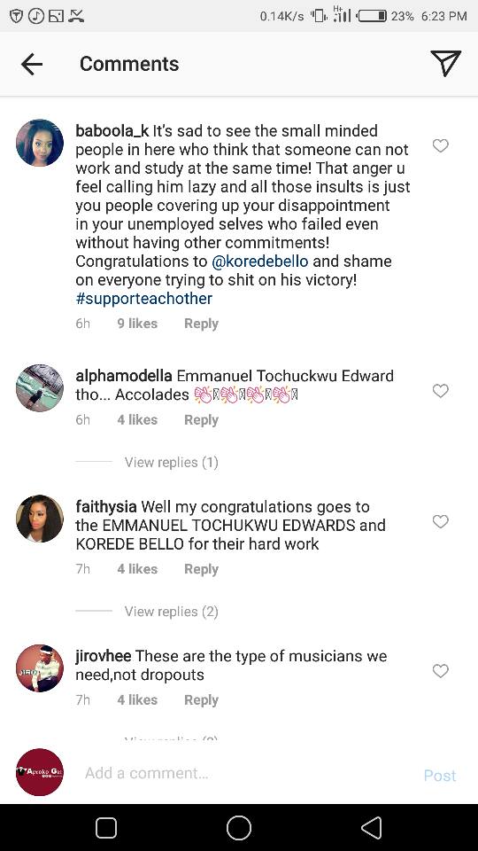 Korede Bello's Distinction Results: Fans React (Screenshots)