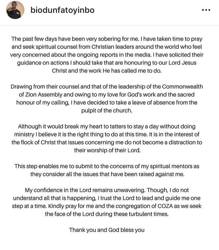 BREAKING: COZA: Pastor Biodun Fatoyinbo steps down, gives reason