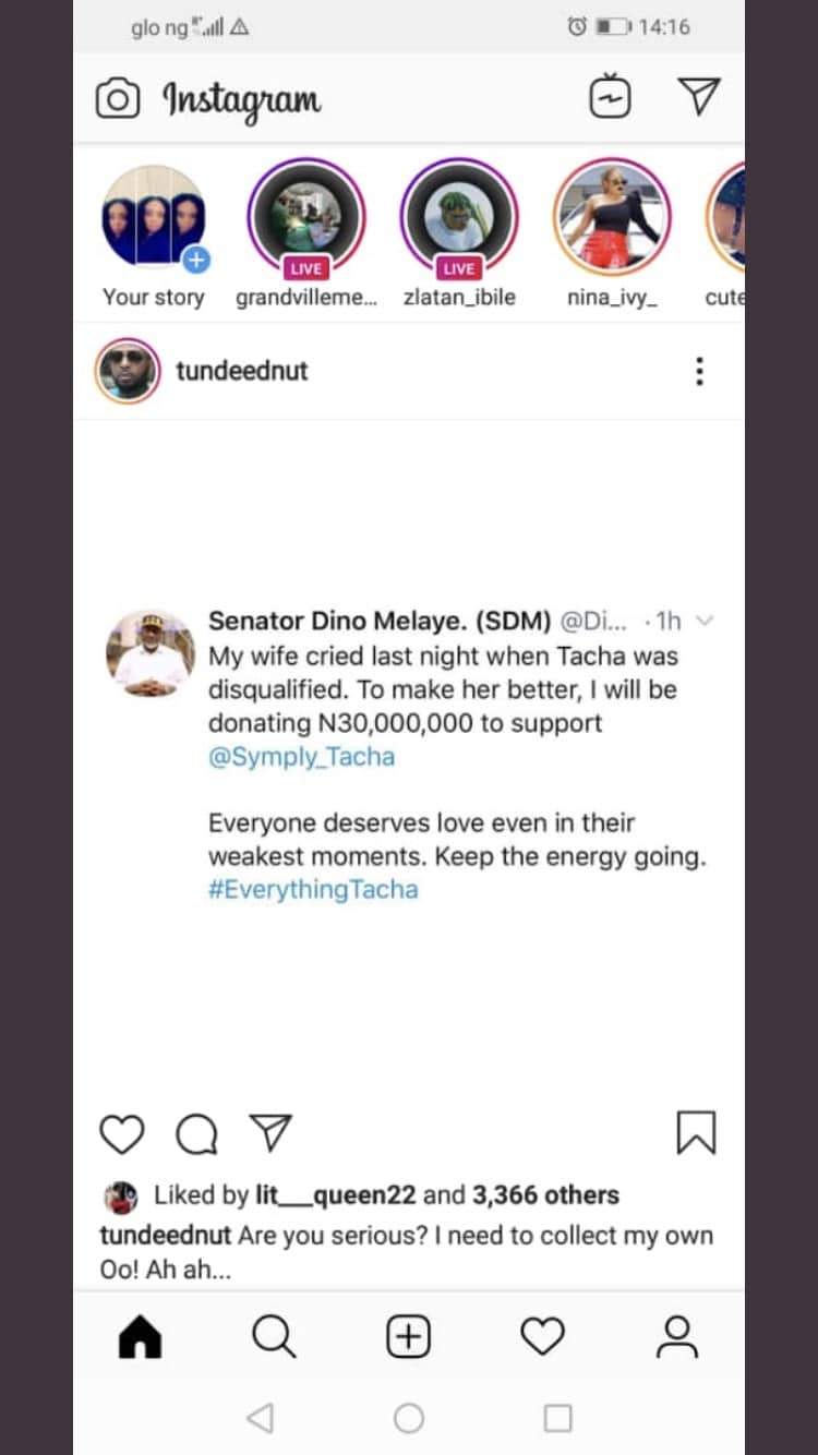 BBNaija: Dino Melaye speaks on giving Tacha N30 million