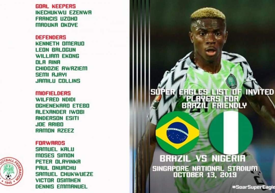 Brazil vs Nigeria: Super Eagles squad for friendly match revealed (Full list)