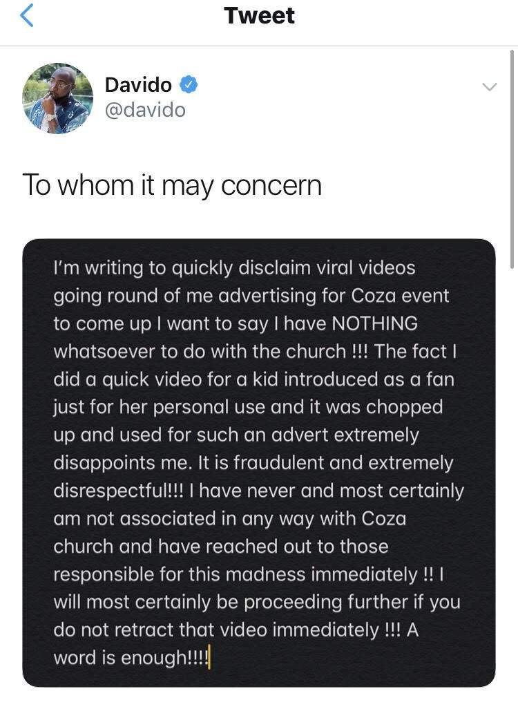 Davido disclaims viral video advertising COZA church, threatens lawsuits