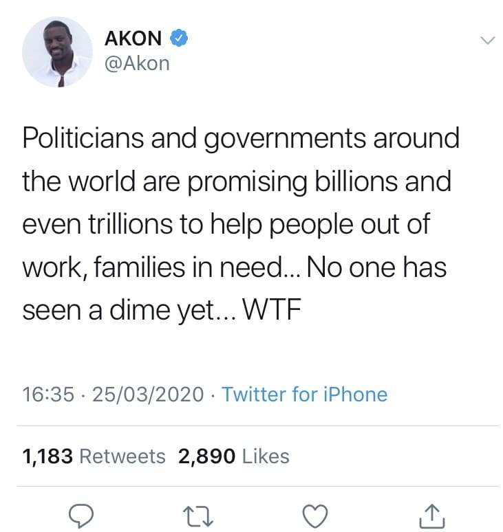 Coronavirus: Akon calls out governments, politicians, making 'fake' promises