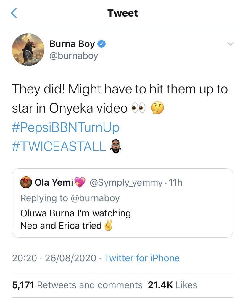 BBNaija 2020: Burna Boy hints on featuring Erica, Neo in his video