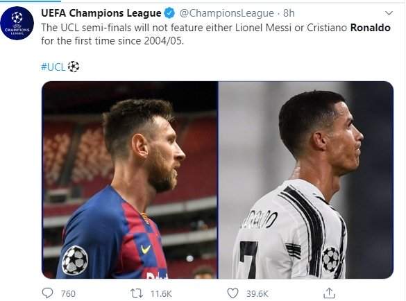 Champions League: UEFA makes revelation about Messi, Ronaldo as Bayern humble Barcelona