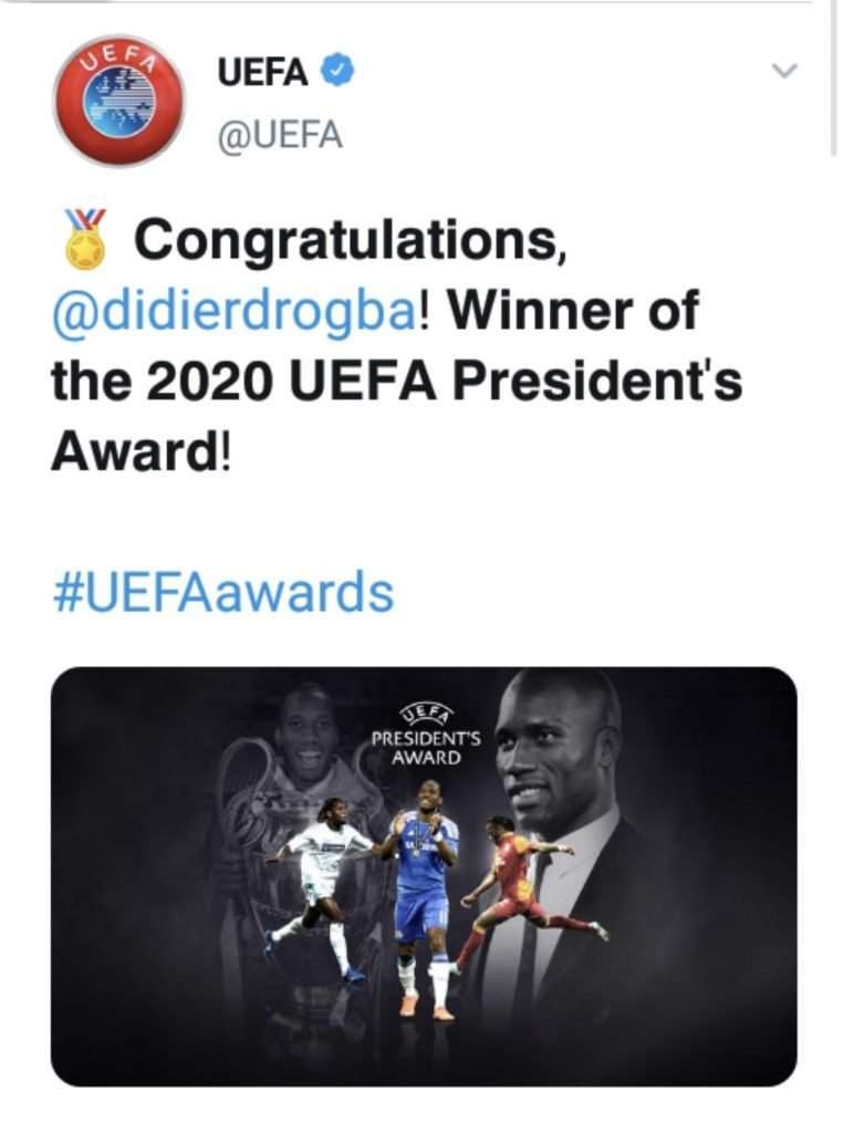 Former Chelsea star, Didier Drogba wins the 2020 UEFA President's Award