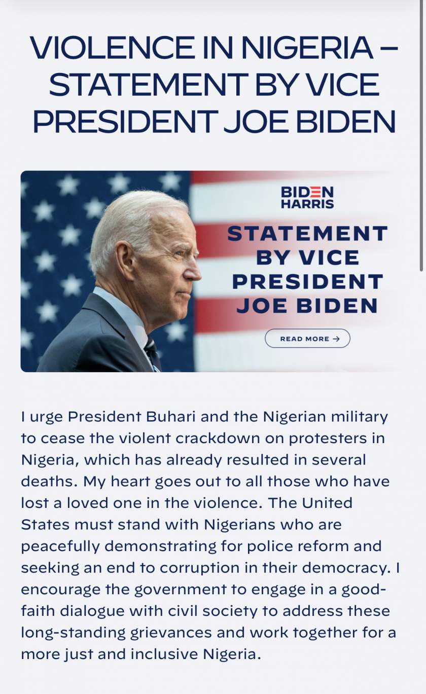 End SARS: American govt will stand with Nigerian youths - Joe Biden warns Buhari