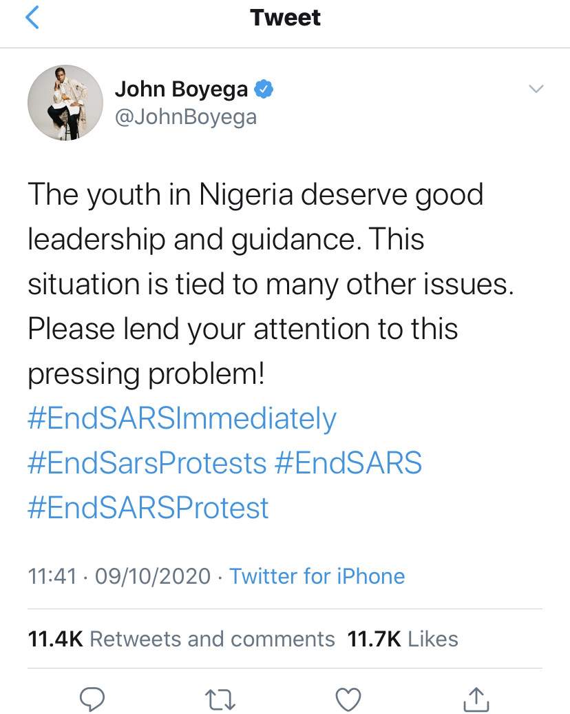 End SARS: Nigerian youths deserve urgent attention - John Boyega