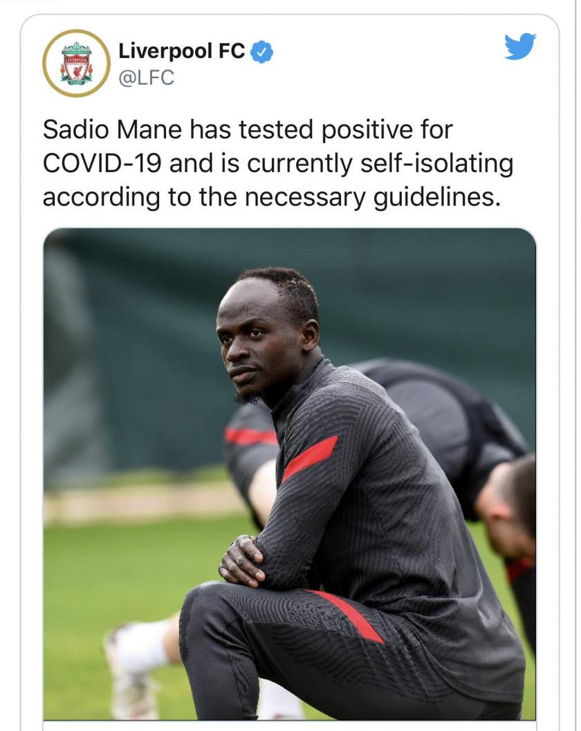 Liverpool forward, Sadio Mane tests positive for COVID-19