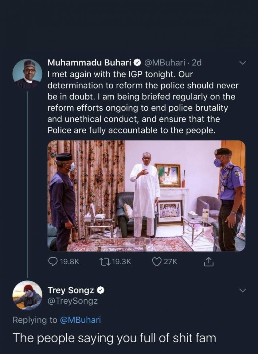End SARS: Nigerians say you are not serious - Trey Songz blast Buhari