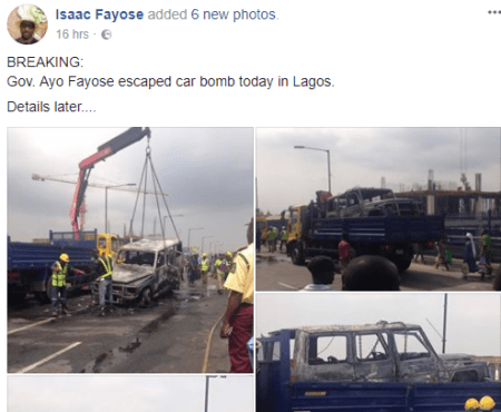 Governor Fayose Survives Car Bomb After His Mercedes Benz Gwagon Catches Fire In Lagos