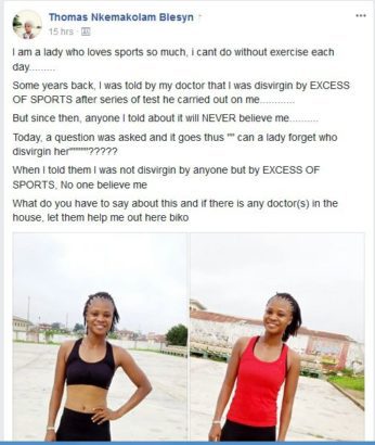 'Doctor Told Me I Was Disvirgined by Excess Of Sports' - Nigerian Lady Reveals