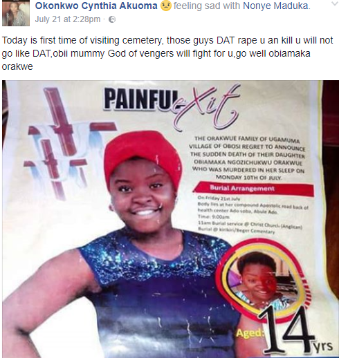 Obituary of a 14-year-old girl who was raped and killed in Lagos
