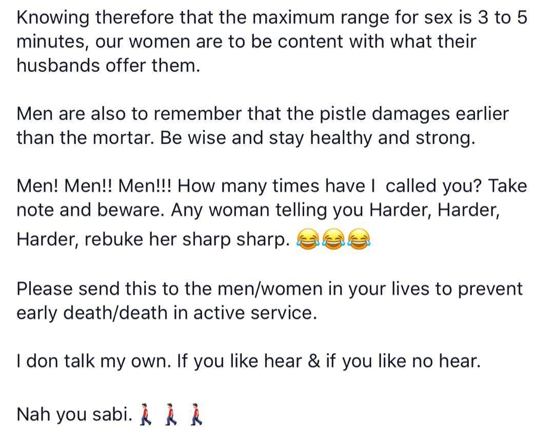 Rebuke any Woman telling you 'harder harder' - Nigerian man advises young men