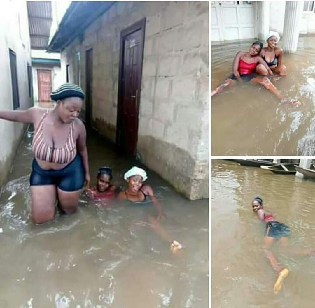 Nigerian Ladies use Flooded Areas as Swimming Pool