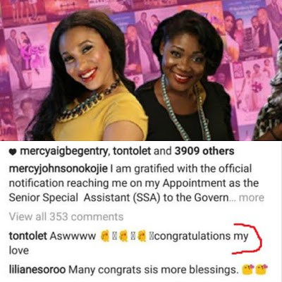 Tonto Dikeh congratulates Mercy Johnson on her new appointment