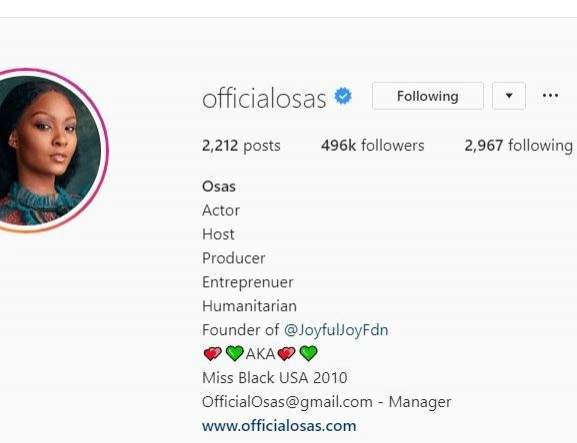 Osas Ighodaro removes her Husband's surname 'Ajibade' from her Instagram page