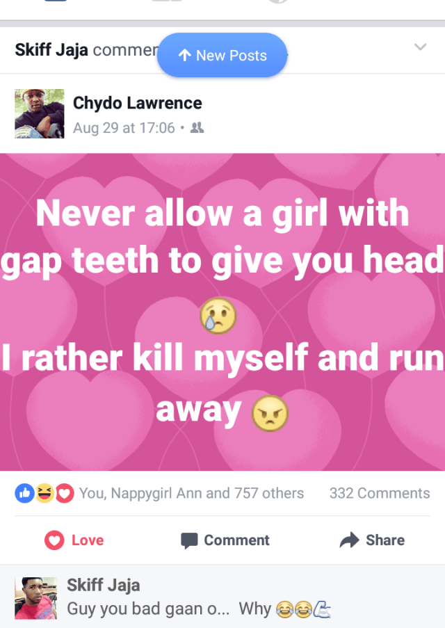 'Girls with Gap tooth can't give good bj, they injure the manhood' - This Nigerian Guy says.