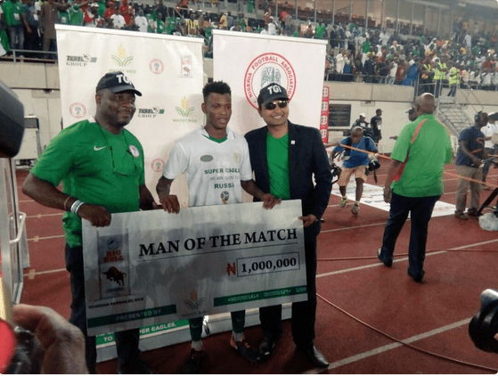 Super Eagles defender, Shehu Abdullahi voted Man of the Match, wins N1m and 10 Bags of Rice