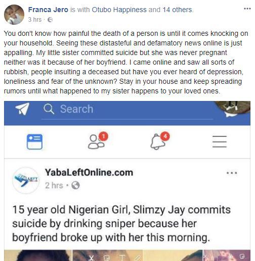 Sister of 15-year-old Slimzy Jay who drank Sniper denies she committed suicide because of heartbreak