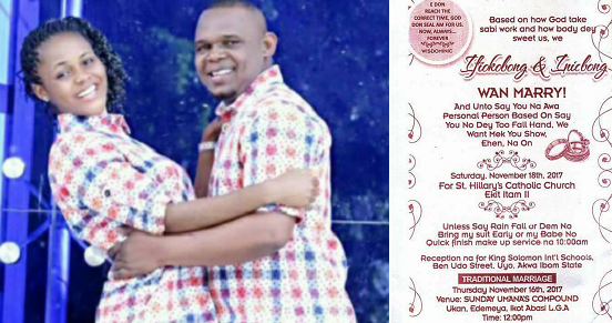 Akwa-Ibom Couple's wedding invitation card written in Pidgin English