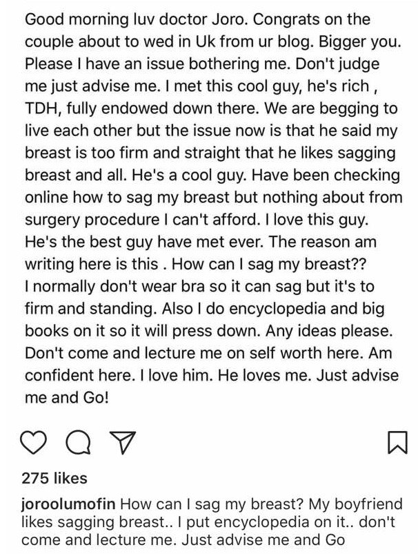 'My boyfriend doesn't like my firm br£asts, How do I sag them?' 'My boyfriend doesn't like my firm br£asts, How do I sag them?'
