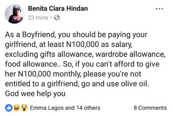 'You Should Be Paying Your Girlfriend At Least N100,000 As Salary, To Be The Right Boyfriend' - Nigerian Lady