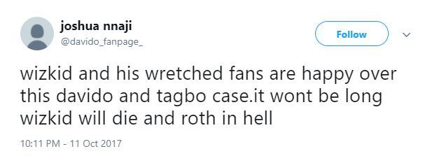 'Wizkid Will Know No Peace Until He Confesses How He Killed Tagbo' - Davido's Die Hard Fan Says On Twitter.