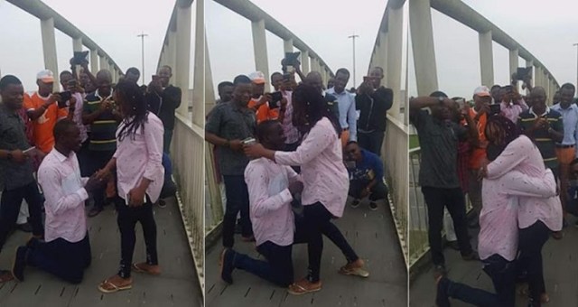 Nigerian Man Bends The Knee As Crowds Watch Him Propose To His Girlfriend In Uyo. (WATCH)