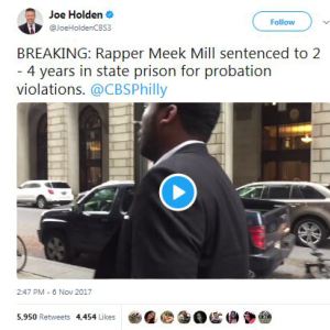 Rapper, Meek Mill Sentenced To 2-4 Years In Prison For Multiple Probation Violations.