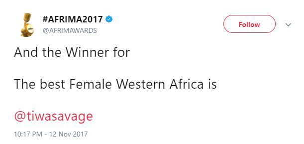 Wizkid and Tiwa Savage win Best Male and Female Artistes in Western Africa at the #AFRIMA2017