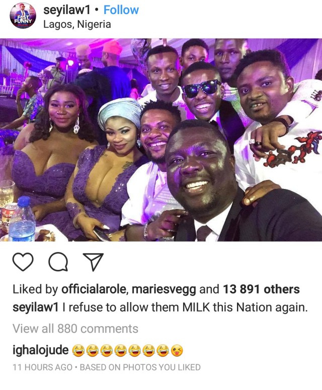 Seyilaw Takes Photo With Busty Ladies At Oritsefemi's Wedding And Gives It Funny Caption. (Photos)