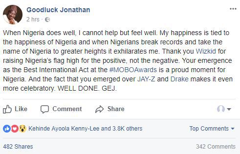 Goodluck Jonathan congratulates Wizkid on His MOBO International win
