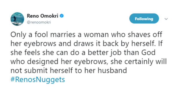 Nigerians shares Photo of Reno Omokri's wife After He Said It's Only A Fool That Marries A Lady With Artificial Eyebrows.