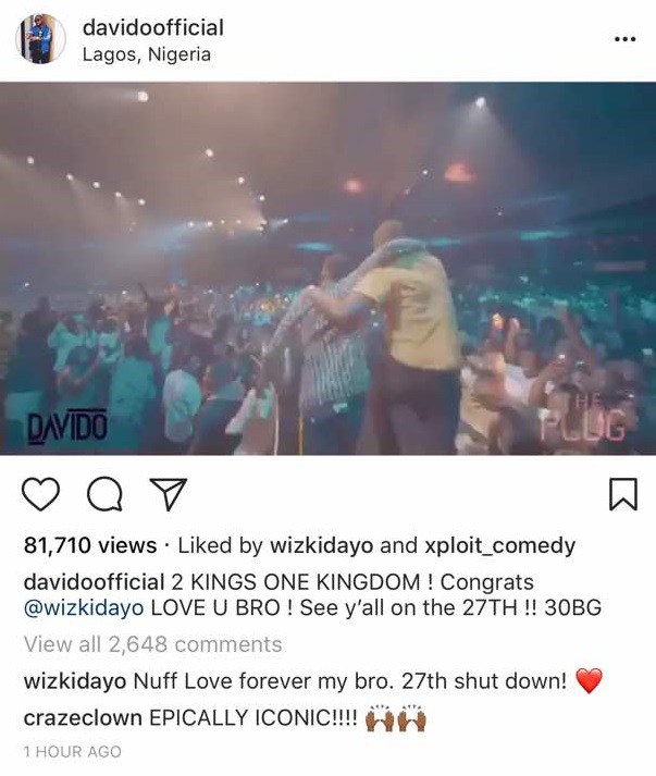 'I love you bro' - Davido reacts to Wizkid bringing him out on stage at his concert... Wizkid replies!